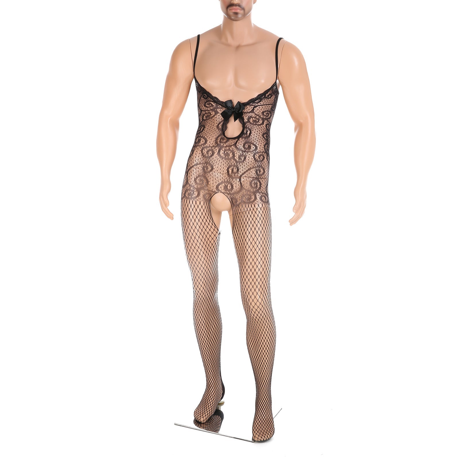 Image of Men’s fishnet one-piece underwear Japanese pseudo-girl sexy cut-out suspender one-piece tight mesh tights tight
